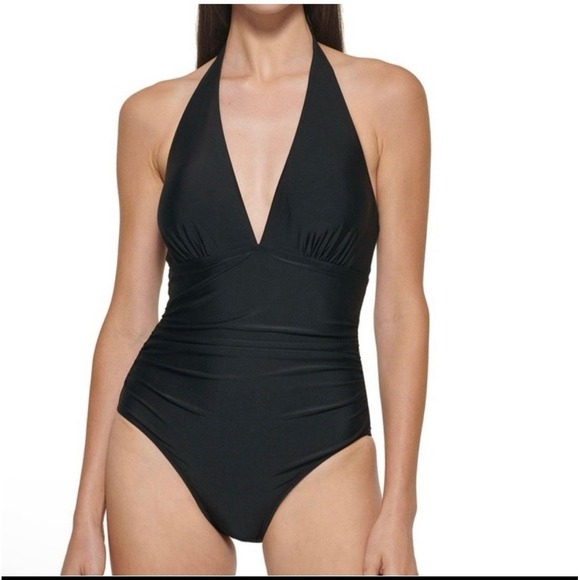 DKNY Women's‎ Large Swimsuit One Piece Tummy Control Halter Neckline Black NEW - Picture 2 of 14